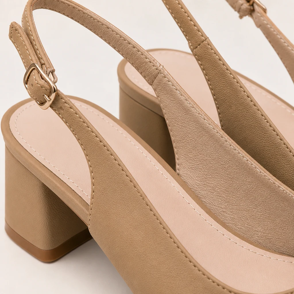 Nahaufnahme des Obermaterials, des Riemens, der Ferse und des Finishs des Slingback-Schuhs
