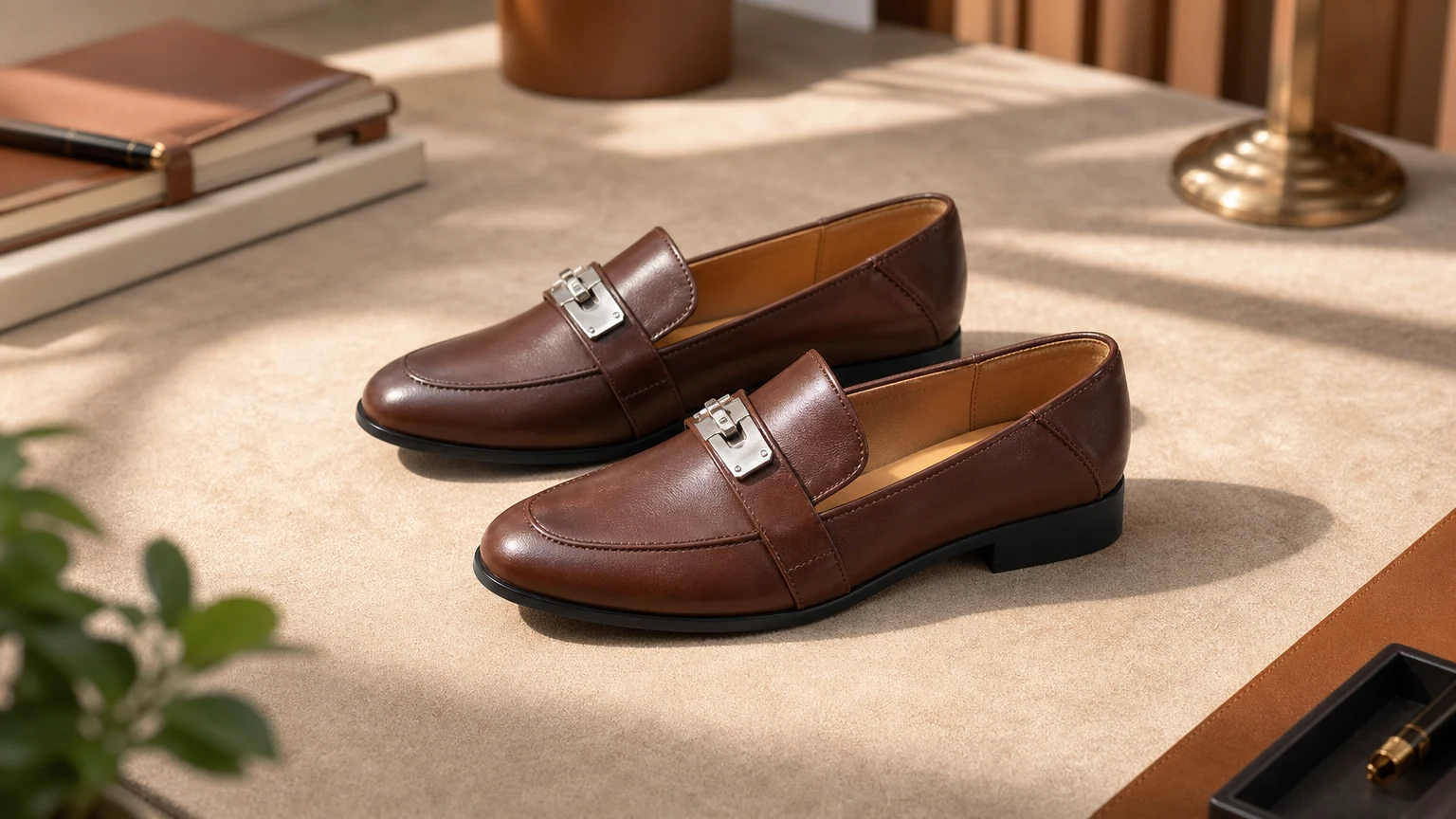 Mocasines de oficina de tacón bajo y pulidos en una escena de estilo de vida editorial