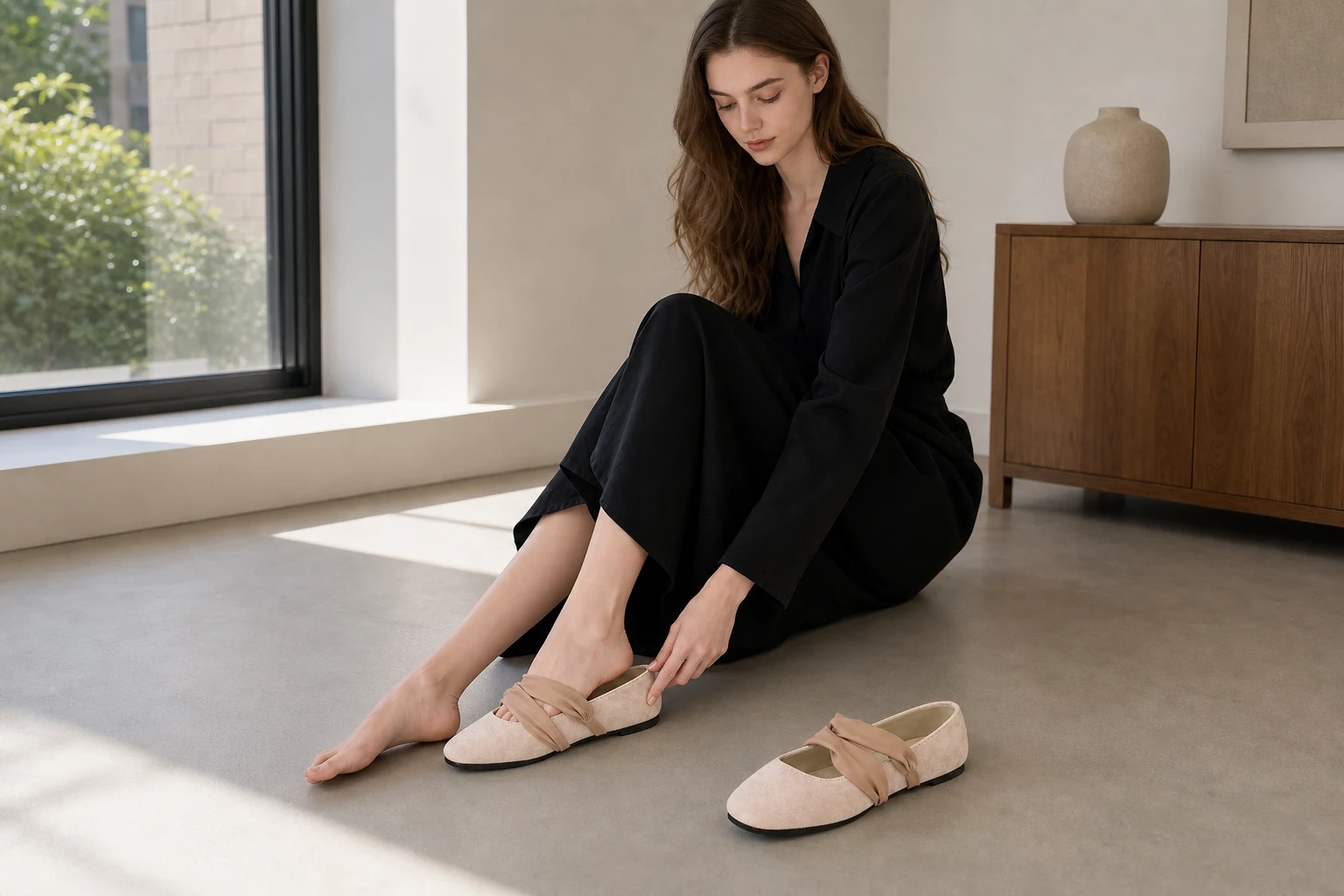 Tie strap ballet flats in a product-in-context scene