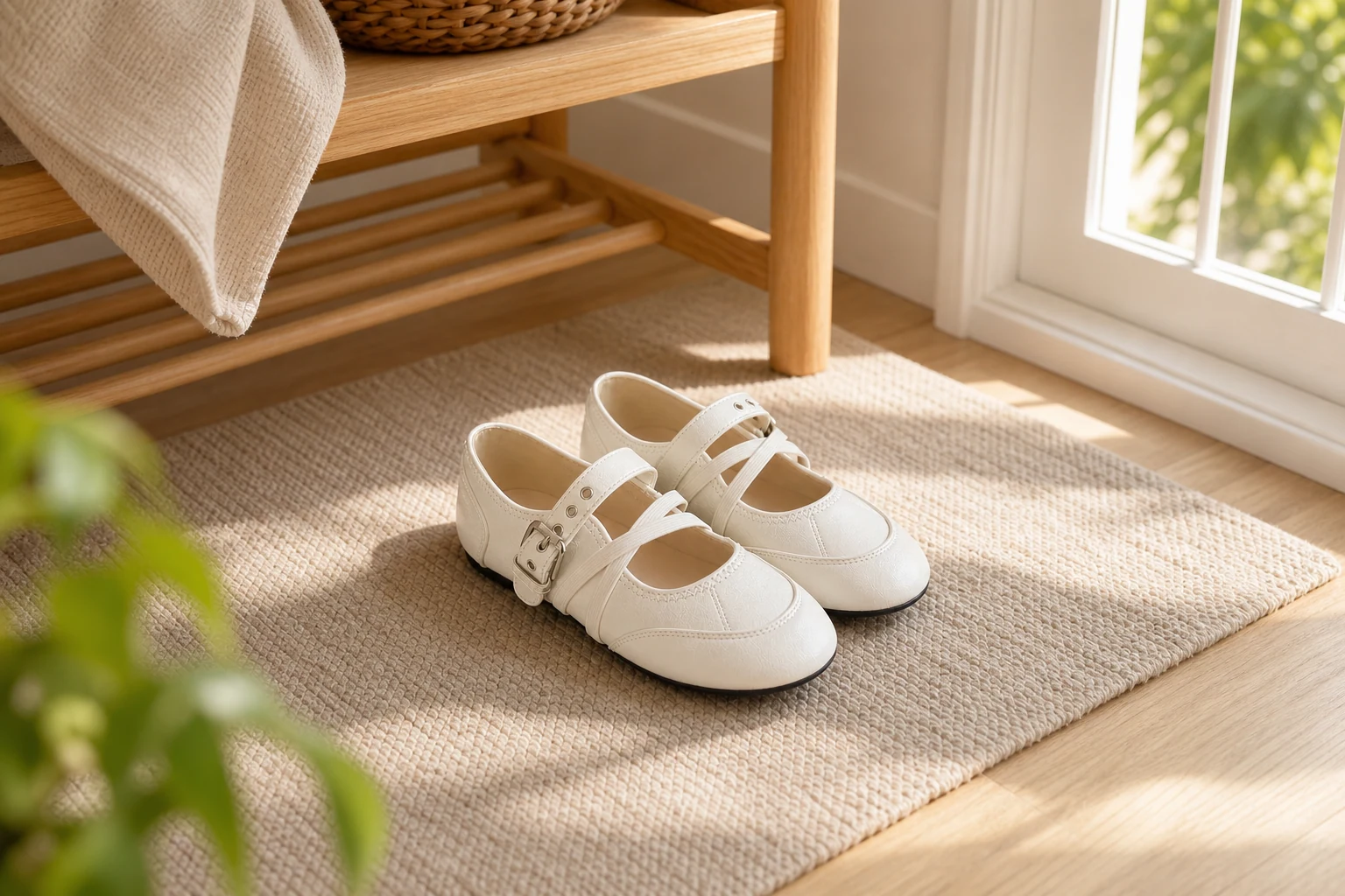 Product-in-context lifestyle scene with the flats fully visible