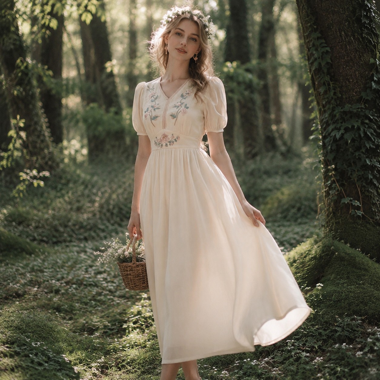1950s A-Line Cotton Puff Sleeve Dress – V Neck White Embroidered