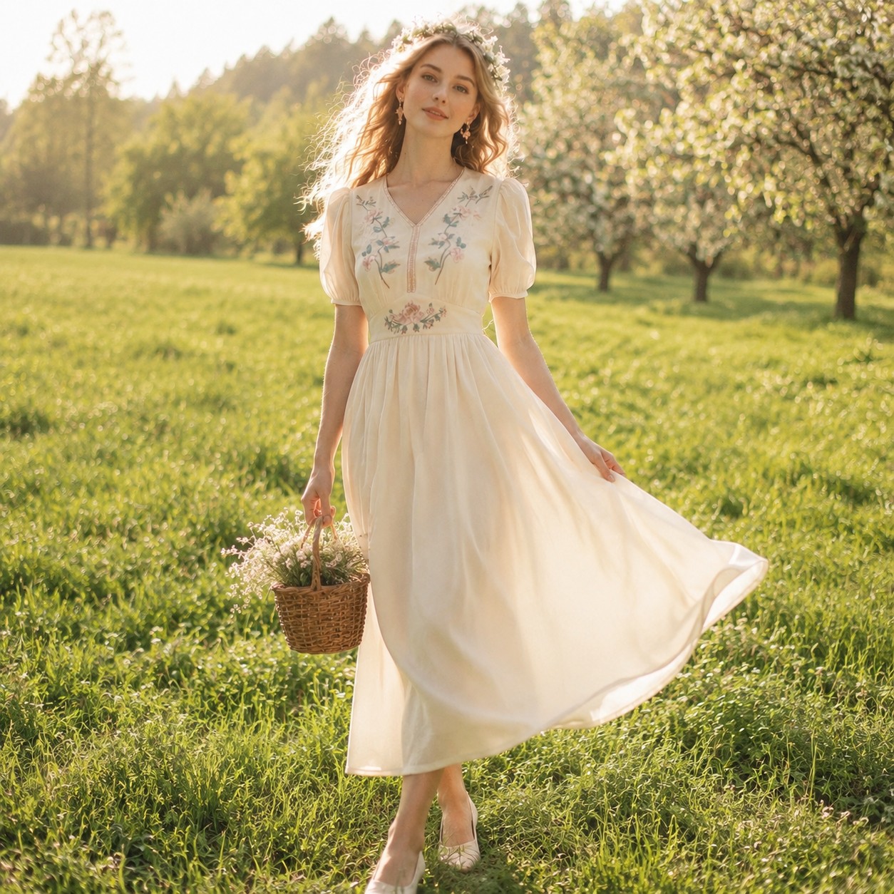 1950s A-Line Cotton Puff Sleeve Dress – V Neck White Embroidered